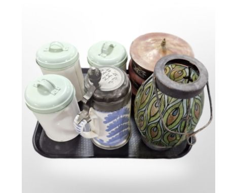 Three enameled kitchen storage jars, a reproduction Delft pewter mounted tankard, a multi division Japanese lacquered storage