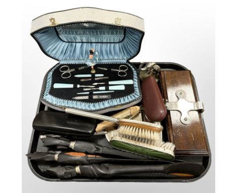 A musical dressing table set, together with vintage tie press, spectacles and sunglasses, carved wooden whistle, African wood