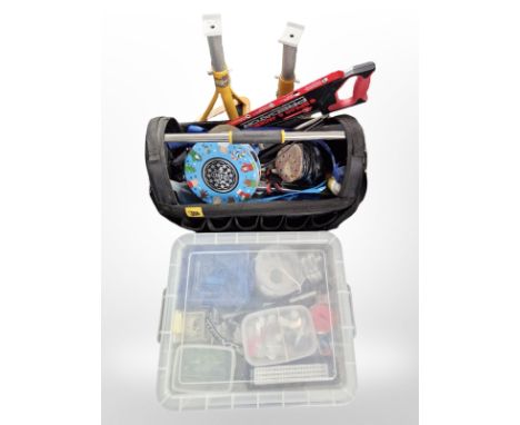A JCB toolbag containing assorted tools and hardware, a further plastic storage box and contents and a pair of Halfords two t