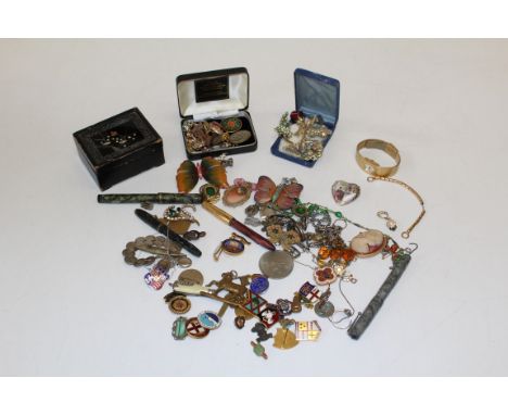 A collection of antique and vintage jewellery to include two lucite butterfly brooches, diamante brooches, fountain pens and 
