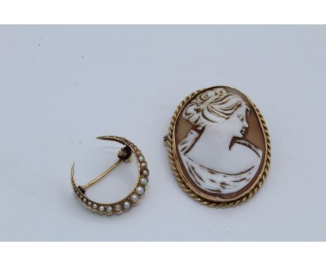 A seed pearl crescent brooch along with a 9ct gold shell cameo brooch. The crescent is stamped "9ct". The cameo, featuring th