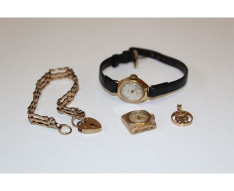  A collection of 9ct gold jewellery and other items. Comprising a 9ct gold gate bracelet with heart padlock, approximate weig
