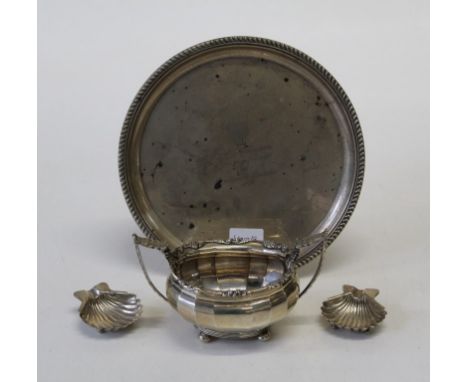 A Canadian silver circular salver with gadrooned edge, inscribed and dated 1987, diameter 25.5cm, a silver two handled sugar 