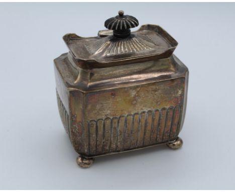 Henry Stratford, a late 19th century silver tea caddy, of demi reeded square section form with ebonized knop to hinged cover,