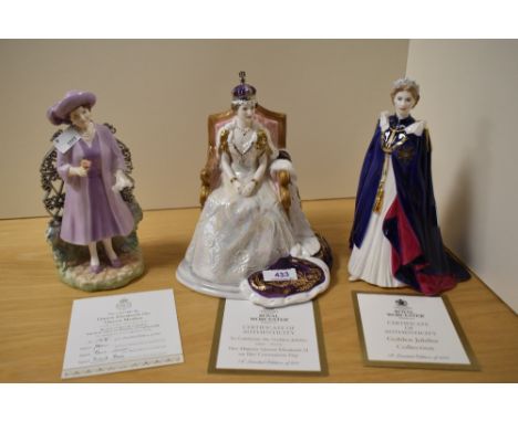 Three Royal Worcester figurines, to include; Queen Elizabeth II in Coronation robes number 71/55, Queen Elizabeth the Queen m