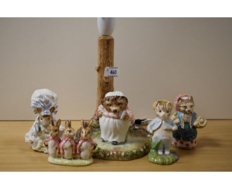 Five Beswick Pottery Beatrix Potter Studies, to include; Mrs Tiggy-Winkle lamp base (AF) Lady Mouse, Cousin Ribby, Tom Kitten