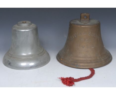 An Elizabeth II bronze ship's bell, inscribed Stella Sirius 1963, Hull, 25cm high; another, chrome-plated, 23cm high, (2) 