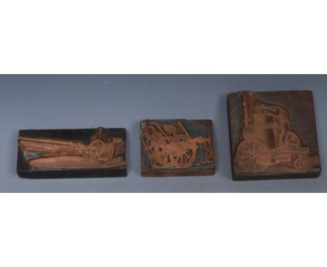 Three wooden printing blocks - steam engine;  A G Gamell, Thisk plough;  another (3)