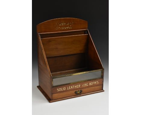 Advertising - an Edwardian walnut stationer’s shop counter display stand, Twinlock Solid Leather Ring Books, printed in gilt,