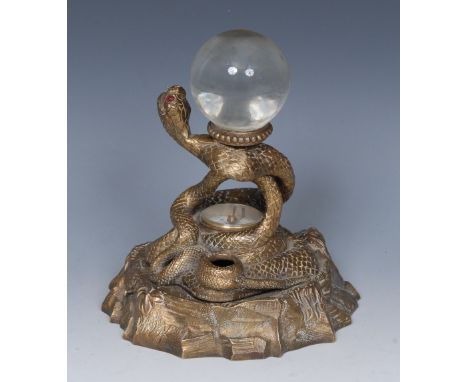 An unusual 19th century gilte patinated bronze patent combination inkwell and desk compass, designed by Benjamin Waterhouse H