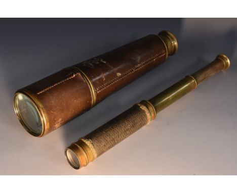 An early 20th century leather bound brass four draw telescope, by Broadhurst Clarkson & Co Ltd, London, extending to 87.5cm l
