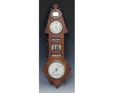A Victorian oak wall hanging combination clock, holosteric barometer and perpetual calendar, 9cm painted dial inscribed with 