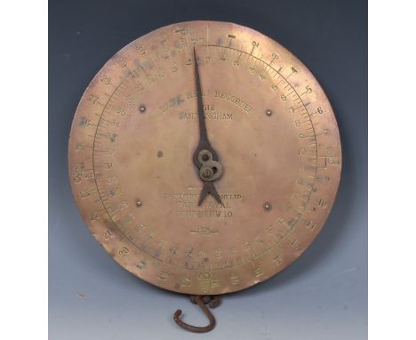 A set of early 20th century spring balance dairy scales, the 26cm circular brass dial inscribed Dairy Herd Recorder, The Sand