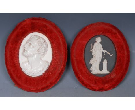 An early 19th century creamware plaque, in relief with young man, on a bisque ground, 11.5cm high, red  velvet frame;  anothe