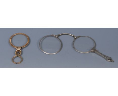 A 19th century gilt metal lorgnette, entwined loop handle, 7.5cm long; another, folding, 9cm long (2)