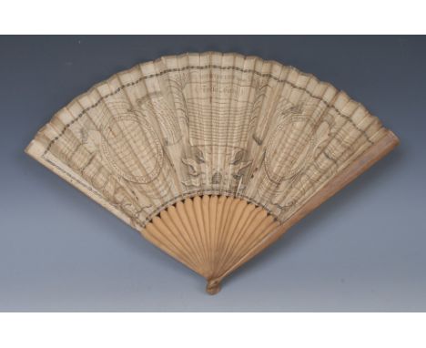 A George III twenty-stick paper fan, Tricks on Cards, printed in monochrome with reserves of script, the guards 25cm long, da