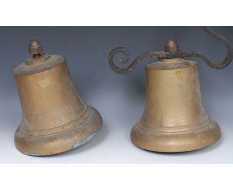 An Elizabeth II bronze ship's bell, crowned ER cypher, 26cm high; another, similar, (2)