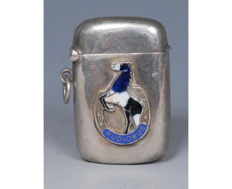 A Victorian silver rounded rectangular vesta case, mounted with an  enamel badge depicting a prancing horse and inscribed Rud