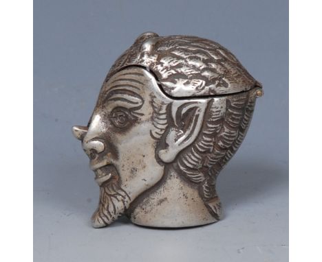 A silver novelty vesta case, as the Devil, hinged spring loaded cover, push-button to nose, 4.5cm long, marked 925 