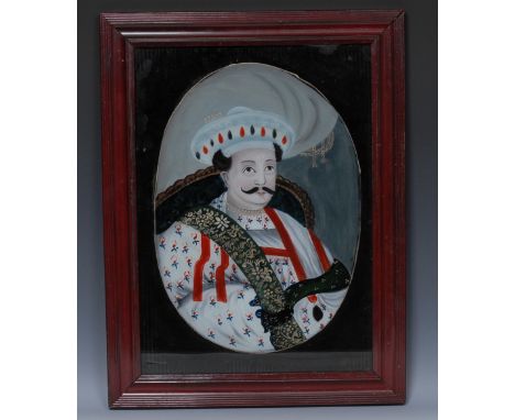 A 19th century Ottoman reverse glass portrait, of a dignitary, feigned oval, 43cm x 30cm  