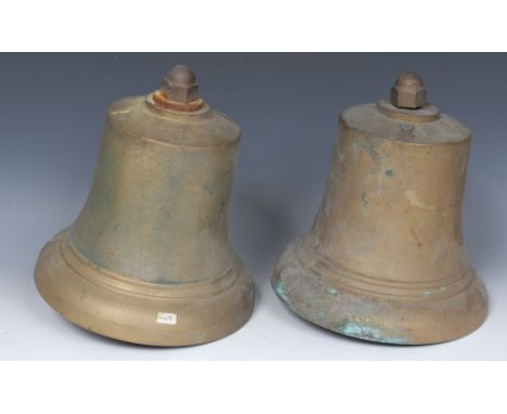 An Elizabeth II bronze ship's bell, crowned ER cypher, 29cm high; another, similar, (2)