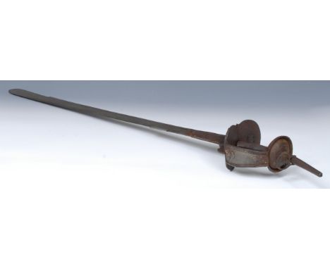 An Indian Khanda sword, 85.5cm wootz blade with shaped strengthening plate, tulwar-type basket hilt with finger guard, shaped