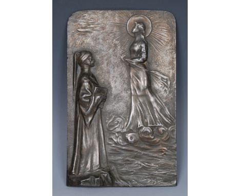 An Art Nouveau pewter plaque, in relief with Petrarch and his muse Laura de Noves, 22cm x 13.5cm, c. 1905