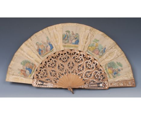 A 19th century Continental boxwood and cut-steel marrquetry fourteen-stick fan, the paper screen printed with courting figure