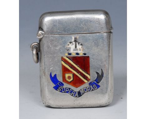 An Edwardian silver and enamel rounded rectangular vesta case, decorated in polychrome with the arms and motto of the Borough