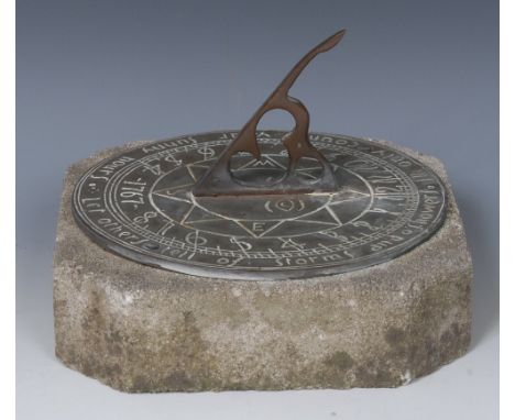 An 18th century style sundial, shaped and pierced gnomon, 19.5cm diam