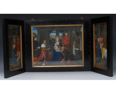 An early 20th century oak conoisseur's Old Master triptych, printed after Hans Memling with the Triptych of Jan Floreins of 1
