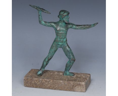 After the Antique, a verdigris patinated bronze, of Zeus, Throwing a Thunderbolt, 15.5cm high