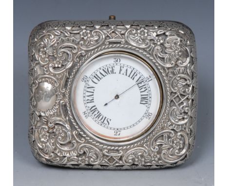 A Victorian silver-mounted travelling barometer case, pierced and embossed with flowers, leafy C-scrolls and trellis, 11.5cm 