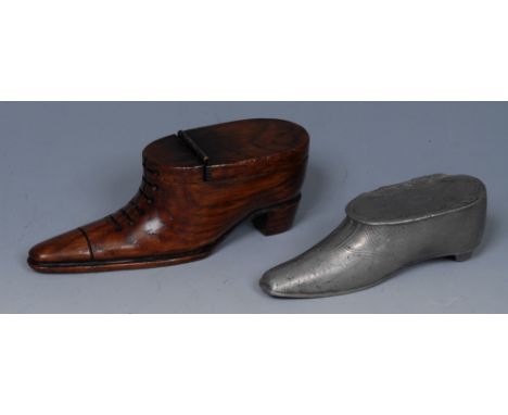 A 19th century oak novelty snuff box, carved as shoe, hinged cover, 9.5cm long, c. 1850; another, pewter, (2) 