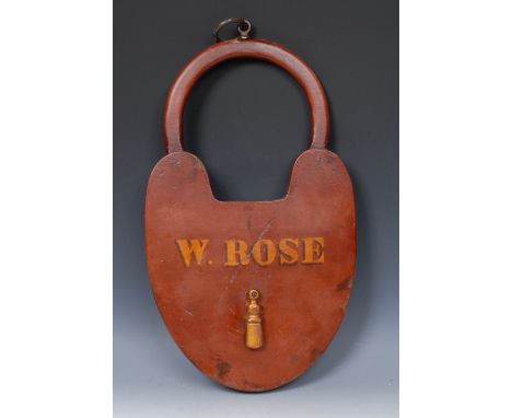 A parcel-gilt softwood novelty 'shop sign', as an oversize padlock, inscribed W Rose, brass suspension ring, 59cm high