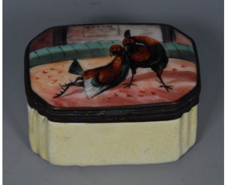Cock Fighting - a 19th century French enamel canted rectangular snuff box, hinged cover painted with bantams in combat, the y