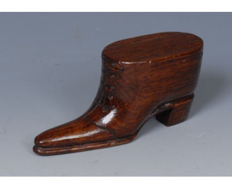 A 19th century mahogany novelty snuff box, as a shoe, sliding cover, 8.5cm long