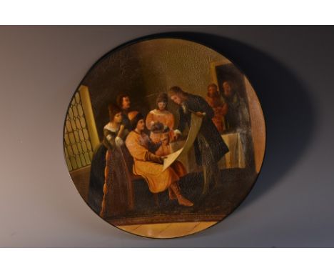 A 19th Russian lacquer and papier mache circular plaque, decorated with an interior scene, a gentleman viewing charts, 22cm d