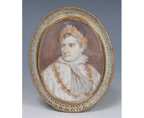 French School (early 20th century), a portrait miniature, Napoleon Bonaparte, watercolour on ivorine, 8cm x 6.5cm 