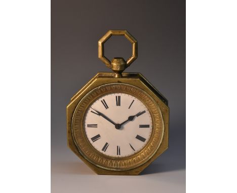 A 19th century brass octagonal sedan timepiece, 7.5cm circular enamel dial inscribed with Roman numerals, the salvaged verge 