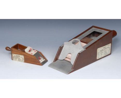 A mid-20th century mahogany banker's playing card dealing shoe, ivorine label, 41cm long; another, smaller (2)