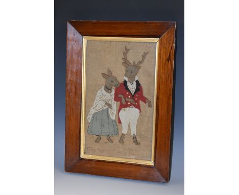 An interesting 19th century felt picture, depicting an anthropomorphised deer and stag, he dressed for hunting, his wife with