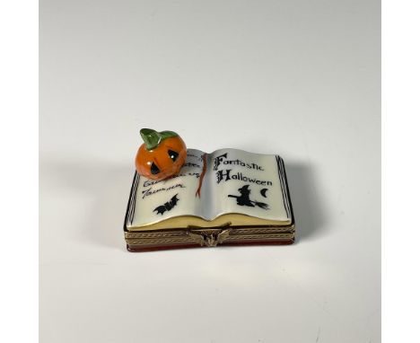Hand painted limited edition treasure box featuring a three dimensional pumpkin on Halloween book with a bat clasp. Gerard Ri