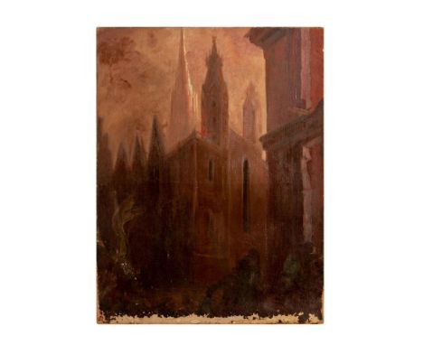 This oil painting represents a large cathedral at dusk seen from the corner of a street where a passerby with a bowler hat an