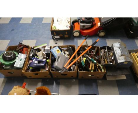 Six Boxes of Various Workshop tools. Table Top Circular Saw etc 