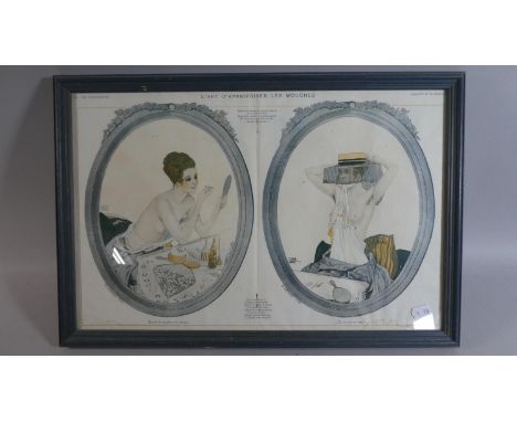 A Framed French Print, L'Art D'Apprivoiser Les Mouches from La Vie Parisienne Depicting Two Vintage Topless Girls, 48cm Wide 