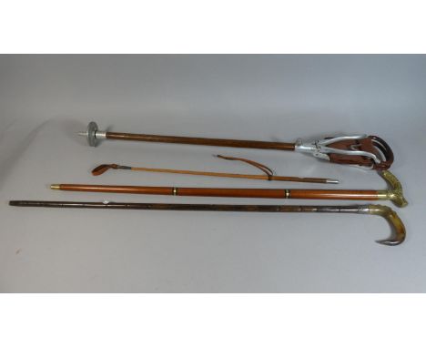 A Collection of Walking Sticks to Include Horn Handled and Brass Examples, Shooting Stick and Riding Whip etc 