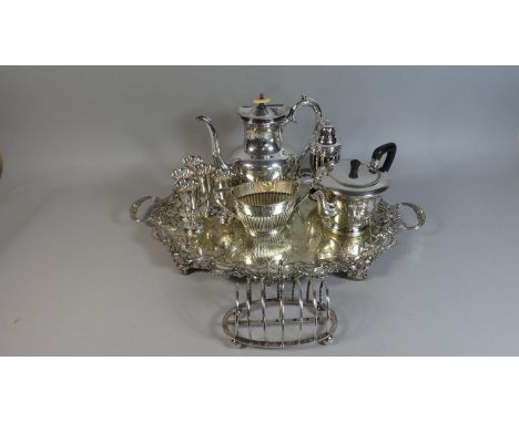 A Collection of Silver Plate to Include Coffee Pot Sugar Sifter, Teapot and Sugar Bowl, Toast Rack, Oval Two Handle Tray 