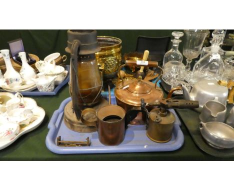 A Vintage Copper Helix Oil Can, Brass Blow Torch, Copper Kettle, Brass Blow Torch and a Hurricane Lamp 