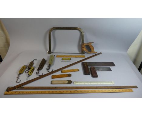A Collection of Woodworking Tools, Rulers, Spring Balances etc 
